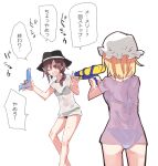  2girls asymmetrical_hair bikini blonde_hair brown_hair fedora feet_out_of_frame from_behind hat maribel_hearn mob_cap multiple_girls purple_t-shirt see-through shiroshi_(denpa_eshidan) short_hair swimsuit touhou translation_request usami_renko water water_gun wet wet_clothes white_t-shirt 