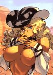  1girl artist_name bare_shoulders blonde_hair blue_eyes breasts breasts_outside commentary day english_commentary finger_in_mouth hat juliona_trans large_breasts long_hair long_sleeves looking_at_viewer nipples optionaltypo outdoors solo wavy_hair western wild_wet_west 