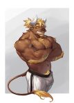  1boy animal_ears arm_hair bara blonde_hair brown_fur bulge chest_hair chest_tuft cow_ears cow_horns cow_tail cropped_legs crossed_arms earrings facial_hair fluffy furry goatee green_eyes grin hairy highres horns jewelry large_pectorals looking_at_viewer male_focus male_pubic_hair mature_male minotaur muscular muscular_male navel navel_hair nipples nose_piercing nose_ring original pants pectorals piercing pubic_hair selkiro shirtless short_hair smile solo stomach tail thick_eyebrows tight tight_pants white_horns white_pants 