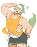  1boy animal_ears bara bare_shoulders beard biceps black_shorts boxers bulge character_request check_character check_copyright clothes_lift copyright_request covered_nipples cowboy_shot dolphin_shorts facial_hair fox_boy fox_ears fox_tail gomtang green_hair headband large_pectorals leaning_back male_cleavage male_focus male_underwear mature_male midriff_peek muscular muscular_male navel nipples orange_tank_top pectorals shirt_lift short_hair shorts sideburns sidepec smile solo stubble tail tank_top thick_thighs thighs underwear wind 