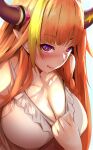  1girl ahoge bangs blonde_hair blunt_bangs braid breasts cleavage clothes_pull dragon_girl dragon_horns eyebrows_visible_through_hair fumihiko_(fu_mihi_ko) highres hololive horns kiryu_coco large_breasts lips long_hair looking_at_viewer multicolored_hair orange_hair pointy_ears pulled_by_self purple_eyes red_eyes shirt shirt_pull side_braid sleeveless sleeveless_shirt solo streaked_hair tongue tongue_out virtual_youtuber white_shirt 