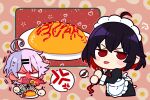  2girls 6_(yuchae) :p antenna_hair apron bangs breathing_fire fire food hair_between_eyes hair_ornament hairpin holding honkai_(series) honkai_impact_3rd ketchup ketchup_bottle maid maid_apron maid_headdress multicolored_hair multiple_girls omelet open_mouth purple_hair red_eyes red_hair seele_(alter_ego) seele_vollerei sin_mal spicy spoon tongue tongue_out two-tone_hair v-shaped_eyebrows 