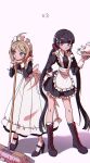  2girls ahoge akamatsu_kaede alternate_costume apron bad_proportions balck_dress bandaid bangs black_dress black_footwear black_hair blush boots broom cross-laced_footwear cup danganronpa_(series) danganronpa_v3:_killing_harmony dress enmaided frilled_dress frills full_body hair_ornament hair_scrunchie hairclip hand_on_hip harukawa_maki high_heels highres holding holding_tray lace-up_boots leaning_forward long_hair long_sleeves looking_at_viewer low_twintails maid maid_apron maid_headdress multiple_girls nzeneee pink_background pout puffy_sleeves purple_eyes red_scrunchie scrunchie short_dress standing teacup teapot tray twintails very_long_hair waist_apron white_apron 