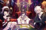  1girl 1other 2boys armchair bangs black_hair black_jacket black_nails black_pants blood bonnet book celestia_ludenberg center_frills chair checkered checkered_scarf danganronpa:_trigger_happy_havoc danganronpa_(series) danganronpa_2:_goodbye_despair danganronpa_v3:_killing_harmony drill_hair frills gothic_lolita green_jacket grin hair_between_eyes hat highres index_finger_raised indoors jacket kokobata komaeda_nagito lolita_fashion long_hair long_sleeves looking_at_viewer mahjong male_focus mirror monokuma multiple_boys necktie no_nose ouma_kokichi pants pantyhose peaked_cap pink_blood playing_games purple_eyes purple_hair red_eyes scarf scenery shiny shiny_hair shirt short_hair sitting skull smile straitjacket table teeth twin_drills twintails white_hair white_legwear white_shirt wings 