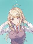  1girl ahoge akamatsu_kaede backpack bag bangs blonde_hair breasts closed_mouth collared_shirt danganronpa_(series) danganronpa_v3:_killing_harmony eighth_note eyebrows_visible_through_hair goto_(sep) gradient gradient_background green_background hair_ornament hands_up highres large_breasts long_hair long_sleeves looking_at_viewer musical_note musical_note_hair_ornament necktie notice_lines shiny shiny_hair shirt smile solo sweater_vest upper_body white_bag white_shirt 