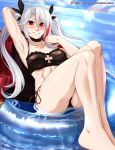  1girl armpits arms_up azur_lane bangs bikini bikini_bottom bikini_top breasts choker cleavage hair_ribbon highres innertube jacket long_hair looking_at_viewer multicolored_hair ocean orange_eyes prinz_eugen_(azur_lane) ribbon shirt swimsuit twintails very_long_hair vilde_loh_hocen white_shirt 