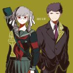  1boy 1girl bangs black_hair black_jacket black_pants black_shirt collarbone collared_shirt danganronpa_(series) danganronpa_2:_goodbye_despair danganronpa_3_(anime) dated eyebrows_visible_through_hair glasses green_background grey_hair grey_skirt hair_ribbon half-closed_eyes hands_in_pockets jacket kiri_(2htkz) kirigiri_jin long_sleeves looking_at_viewer neckerchief necktie pants pekoyama_peko pleated_skirt purple_neckwear red_armband red_eyes ribbon sailor_collar school_uniform shirt shirt_tucked_in short_hair skirt smile white_ribbon 