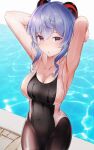  1girl :o ahoge armpits arms_up bangs bare_arms bare_shoulders black_legwear black_swimsuit blue_hair blush breasts cleavage collarbone covered_navel cowboy_shot crossed_bangs eyebrows_visible_through_hair ganyu_(genshin_impact) genshin_impact goat_horns highres horns large_breasts looking_at_viewer one-piece_swimsuit outdoors pantyhose parted_lips pool purple_eyes shirosaba solo swimsuit wet 