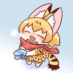  1girl ^_^ ^o^ animal_ear_fluff animal_ears animal_print blue_background blue_mittens bow bowtie breath chibi closed_eyes cold commentary_request extra_ears facing_viewer from_above from_side full_body gloves hands_up happy holding inukoro_(spa) kemono_friends lowres mittens no_nose orange_hair pinky_out print_bow print_gloves print_legwear print_neckwear print_skirt red_scarf scarf serval_(kemono_friends) serval_ears serval_print serval_tail short_hair skirt solo standing tail |3 