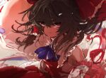  1girl blood blood_on_face blue_neckwear bow brown_hair choushi_bukkoki_maru detached_sleeves hair_bow hair_tubes hakurei_reimu looking_at_viewer red_bow red_eyes red_shirt shirt solo touhou upper_body 