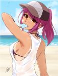  1girl airisubaka baseball_cap beach bikini blurry blurry_background breasts brown_eyes commentary day eyebrows_visible_through_hair food food_in_mouth hat highres large_breasts leah_(airisubaka) long_hair looking_at_viewer mouth_hold original outdoors ponytail popsicle purple_bikini purple_hair shirt sideboob signature solo sweat swimsuit symbol_commentary tan tanline upper_body wet wet_clothes wet_shirt white_shirt 