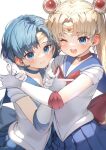  2girls ;d bangs bishoujo_senshi_sailor_moon blonde_hair blue_eyes blue_hair blue_sailor_collar blue_skirt blush bow choker closed_mouth double_bun earrings gloves highres jewelry long_hair looking_at_viewer mizuno_ami multiple_girls one_eye_closed open_mouth pleated_skirt red_bow red_choker ryota_(ry_o_ta) sailor_collar sailor_moon school_uniform serafuku short_hair signature skirt smile tsukino_usagi twintails upper_body white_gloves 