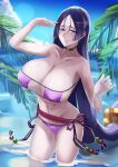  1girl absurdres aya_(user_ddya7452) bangs bare_shoulders beads bikini breasts choker cleavage collarbone eyepatch_bikini fate/grand_order fate_(series) highres large_breasts long_hair looking_at_viewer minamoto_no_raikou_(fate) minamoto_no_raikou_(swimsuit_lancer)_(fate) parted_bangs pouch purple_bikini purple_eyes purple_hair rope smile solo swimsuit thighs very_long_hair wading water 