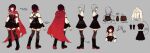  1girl absurdres backpack bag belt belt_buckle boots brown_hair buckle character_name cloak ein_lee english_text eyebrows_visible_through_hair full_body gradient_hair grey_background highres multicolored_hair multiple_views official_art red_hair ruby_rose rwby silver_hair simple_background skirt standing thighhighs two-tone_hair 
