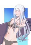  1girl ak-12_(girls&#039;_frontline) bikini black_bikini black_ribbon blush braid breasts cleavage collarbone eyebrows_visible_through_hair french_braid girls&#039;_frontline hair_ribbon highres ichinose_(ichinose1592) long_hair looking_at_viewer medium_breasts navel open_mouth purple_eyes ribbon silver_hair smile solo swimsuit 