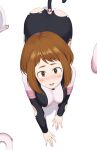  1girl all_fours anal anal_object_insertion anal_tail ass bangs blush blush_stickers bodysuit boku_no_hero_academia breasts brown_eyes brown_hair commentary_request fake_tail haeil2 highres looking_at_viewer looking_up object_insertion open_mouth shiny shiny_hair solo tail tongue torn_bodysuit torn_clothes uraraka_ochako white_background 