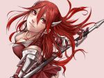  1girl armor breasts cordelia_(fire_emblem) fire_emblem fire_emblem_awakening gloves hair_ornament highres holding kirie_kairi long_hair looking_at_viewer polearm red_eyes red_hair simple_background smile solo very_long_hair weapon 