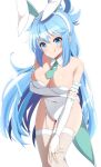  1girl animal_ears aqua_(konosuba) blue_eyes blue_hair breasts bunny1219 bunny_ears cleavage detached_sleeves hair_rings highres kono_subarashii_sekai_ni_shukufuku_wo! leotard licking_lips long_hair looking_at_viewer medium_breasts playboy_bunny smile solo thighhighs tongue tongue_out very_long_hair white_legwear white_leotard 