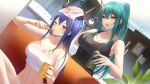  2girls :d arknights bangs bare_arms bare_shoulders black_shirt blue_hair breasts camisole can ch&#039;en_(arknights) cleavage collarbone commentary crop_top cup dragon_horns dutch_angle eyebrows_visible_through_hair green_hair hair_between_eyes hand_on_another&#039;s_head highres holding holding_can holding_cup horns hoshiguma_(arknights) indoors kernel_killer large_breasts long_hair midriff multiple_girls navel one_eye_closed open_mouth panties ponytail red_eyes revision shirt single_horn smile spaghetti_strap stomach symbol_commentary towel towel_on_head underwear white_panties yellow_eyes 