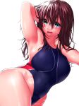  1girl arm_behind_head arm_up armpits bangs bare_shoulders blue_swimsuit blush breasts brown_hair green_eyes highleg highleg_swimsuit large_breasts long_hair looking_at_viewer one-piece_swimsuit onsoku_inu open_mouth original solo swimsuit thighs 