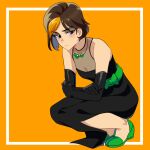  1girl black_dress brown_hair dress gloves harry_potter harry_potter:_hogwarts_mystery highres jewelry merula_snyde mikkusushi multicolored_hair orange_background orange_hair 