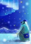  animal artist_name aurora bag bird black_eyes blue_bag blue_headwear blue_theme commentary_request looking_up night night_sky nomiya_(no_38) original penguin shoulder_bag sky snow snowing solo star_(sky) star_(symbol) starry_sky 