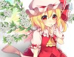  1girl ascot back_bow bangs blonde_hair blush bow commentary_request crystal dot_nose eyebrows_visible_through_hair eyelashes finger_to_mouth flandre_scarlet flower frilled_shirt_collar frilled_skirt frilled_sleeves frills hat hat_bow hat_ribbon highres leaf mob_cap multicolored_wings one_side_up puffy_short_sleeves puffy_sleeves red_bow red_eyes red_ribbon red_skirt red_vest ribbon ruhika sash shiny shiny_hair short_sleeves side_ponytail sidelocks skirt smile solo standing touhou twig upper_body vest white_flower white_headwear white_sash wings wrist_cuffs yellow_neckwear 