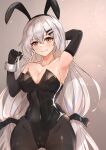  1girl absurdres alternate_costume armpits bangs bare_shoulders black_gloves black_legwear blush breasts brown_eyes bunny_hair_ornament cameltoe cleavage closed_mouth collarbone covered_navel elbow_gloves eyebrows_visible_through_hair feet_out_of_frame girls&#039;_frontline gloves grey_hair hair_ornament hand_in_hair hand_on_own_head highres long_hair looking_at_viewer medium_breasts muteppona_hito narrow_waist pantyhose playboy_bunny silver_hair simple_background smile solo standing svd_(girls&#039;_frontline) very_long_hair 