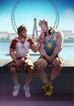  2boys absurdres aqua_tank_top bara blue_shorts couple day facial_hair feeding ferris_wheel food full_body headphones headphones_around_neck highres hood hoodie ice_cream male_cleavage male_focus mature_male multiple_boys muscular muscular_male nipple_slip nipples original outdoors pectorals red_shorts selkiro shoes short_hair short_shorts short_sleeves shorts sideburns sidepec sitting stubble thighs white_hoodie yaoi 