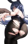  1boy 1girl absurdres animal_ears ass azur_lane bangs bare_arms bare_shoulders black_legwear black_leotard blue_hair blush bunny_ears dark_skin eyebrows_visible_through_hair from_behind grey_nails highres kuse_(0201) leotard long_hair looking_at_viewer looking_back new_jersey_(azur_lane) pantyhose playboy_bunny pov purple_eyes simple_background solo_focus thighs torn_clothes torn_legwear white_background wrist_grab 