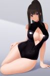  1girl bangs bare_hips bare_shoulders black_hair black_swimsuit blue_eyes breasts cleavage cleavage_cutout clothing_cutout halter_top halterneck hand_on_hip hand_rest highres kirou_(kiruyuu1210) large_breasts legs_together looking_at_viewer lying on_side original ponytail shiny shiny_clothes shiny_skin simple_background sitting skin_tight skindentation swimsuit thick_thighs thighs 