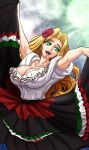 1girl :d black_skirt blonde_hair breasts chin_piercing cleavage dancing english_commentary eyelashes fate/grand_order fate_(series) flower green_eyes green_nails hair_flower hair_ornament highres large_breasts long_hair long_skirt mexican_dress nail_polish quetzalcoatl_(fate) red_flower red_rose rose shirt short_sleeves skirt smile solo white_shirt zantyarz 