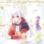  2girls 6_(yuchae) antenna_hair bangs blue_dress braid cafe curtains dress drink drinking_straw food hair_between_eyes holding honkai_(series) honkai_impact_3rd ice_cream indoors jacket kiana_kaslana kiana_kaslana_(white_comet) long_hair multiple_girls open_mouth seele_vollerei short_hair short_sleeves sundae tray twin_braids white_hair window 