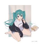  1girl :q aqua_eyes aqua_hair bag_of_chips bandaid bandaid_on_knee barefoot between_legs black_jacket chips clothes_writing commentary crumbs eating food food_on_clothes food_on_face from_above hand_between_legs hassan_(sink916) hatsune_miku highres holding holding_food jacket light_smile long_hair looking_at_viewer open_clothes open_jacket potato_chips shirt short_shorts short_sleeves shorts sitting solo t-shirt tongue tongue_out twintails very_long_hair vocaloid wariza white_shirt 