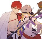  1boy 1girl abs artoria_pendragon_(all) artoria_pendragon_(caster)_(fate) bangs blonde_hair blush cape emiya_shirou fate/grand_order fate_(series) gloves green_eyes grey_gloves grey_headwear grin hand_on_another&#039;s_head hand_on_hip hat highres holding igote kikageee limited/zero_over looking_at_another open_mouth orange_eyes pouch red_hair sengo_muramasa_(fate) sharp_teeth simple_background smile spiked_hair staff sweatdrop tassel teeth toned toned_male v-shaped_eyebrows white_background white_cape 