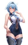  1girl absurdres bare_arms bare_shoulders blue_hair blue_neckwear blush bodystocking breasts center_opening covered_navel cowboy_shot eula_(genshin_impact) genshin_impact hairband half-closed_eyes highres large_breasts leotard looking_at_viewer necktie shuumatsu_no_uchuu simple_background sleeveless solo thighhighs white_background yellow_eyes 