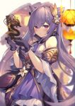  1girl bangs bare_shoulders blush breasts double_bun dragon dress figure flower genshin_impact gloves hair_cones hair_ornament highres homaderi keqing_(genshin_impact) lantern long_hair looking_at_viewer medium_breasts paper_lantern purple_dress purple_eyes purple_gloves purple_hair solo swept_bangs twintails 