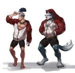  2boys abs animal_ears bara barefoot baseball_cap belt_collar black_male_swimwear bulge chest_harn chest_tuft collar facial_hair full_body furrification furry hands_in_pockets hat hat_over_eyes highres hood hooded_jacket jacket male_cleavage male_focus male_swimwear mature_male midriff_peek multiple_boys muscular muscular_male original partially_unzipped pectorals red_jacket selkiro short_hair sideburns stubble swim_briefs tail thick_thighs thighs undercut wolf_boy wolf_ears wolf_tail 