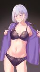  1girl blush bra bra_strap breasts cleavage closed_mouth collarbone eyebrows_visible_through_hair feet_out_of_frame girls&#039;_frontline highres ichinose_(ichinose1592) lips looking_at_viewer medium_breasts medium_hair navel open_clothes open_shirt panties purple_bra purple_eyes purple_panties purple_shirt rpk-16_(girls&#039;_frontline) shirt silver_hair simple_background smile solo standing underwear 