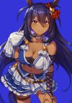  1girl animal_ears black_hair blue_background blush breasts choker cleavage collarbone commentary_request dark-skinned_female dark_skin hair_between_eyes hand_on_hip hand_on_own_thigh highres hishi_amazon_(umamusume) horse_ears horse_girl horse_tail large_breasts leg_garter long_hair looking_at_viewer midriff navel o-ring orange_eyes revision simple_background solo suneru sweat tail umamusume very_long_hair white_choker 