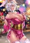  1girl absurdres anima_(togashi) animal_ears bare_shoulders blue_eyes blurry bracelet breasts bunny_ears candy_apple choker cleavage cowboy_shot depth_of_field festival final_fantasy final_fantasy_xiv fireworks food fox_mask heart heart_choker highres japanese_clothes jewelry kimono large_breasts looking_at_viewer mask mole mole_under_mouth obi off_shoulder original parted_lips ribbon-trimmed_legwear ribbon_trim sash short_hair short_kimono short_yukata silver_hair skindentation smile solo thighhighs viera wide_sleeves yukata 