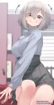  1girl bangs blue_eyes blush breasts eyebrows_visible_through_hair grey_hair grin highres jjune looking_at_viewer original short_hair sitting skirt smile solo 