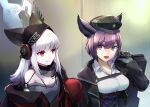  2girls :d animal_ears arknights bangs bare_shoulders beret black_headwear black_jacket collar commentary_request dur-nar_(arknights) e-bushi fox_ears frostleaf_(arknights) grey_shirt hat highres jacket long_hair long_sleeves looking_at_another multiple_girls off-shoulder_shirt off_shoulder open_clothes open_jacket open_mouth purple_eyes purple_hair red_eyes red_jacket shirt silver_hair smile upper_body white_shirt 