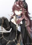 1girl andou_yuna arknights bangs black_dress breasts cleavage cleavage_cutout closed_mouth clothing_cutout commentary_request domma_(arknights) dress earrings hair_over_one_eye highres horns jewelry light_blue_eyes long_hair long_sleeves pointy_ears red_hair solo 