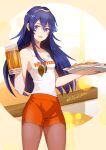  1girl blue_eyes blue_hair blush brand_name_imitation breasts cleavage clothes_writing employee_uniform fire_emblem fire_emblem_awakening hooters long_hair looking_at_viewer lucina_(fire_emblem) no_legwear open_mouth shoochiku_bai short_shorts shorts smile solo tank_top tiara uniform waitress 