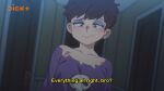  1girl black_hair blue_eyes blurry blurry_background blush collarbone copyright_request earrings english_text freckles highres indoors jcm2 jewelry looking_at_viewer purple_eyes purple_shirt shirt short_hair skull_print smile solo upper_body 