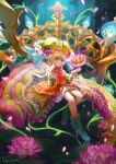  blonde_hair blue_eyes boots brave_frontier crossed_legs crown dress flower hat high_heel_boots high_heels long_dress lotus lotus_pedestal luly nature plant short_hair vayreceane veil 