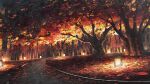  autumn autumn_leaves commentary_request falling_leaves glowing highres lantern leaf miyoshi_nao_(miyoshist) no_humans original outdoors path scenery tree 
