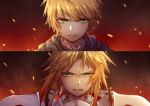  1boy 1girl angry armor arsh_(thestarwish) arthur_pendragon_(fate) bangs black_background blonde_hair blue_scarf braid breastplate brown_background closed_mouth commentary fate/grand_order fate_(series) frown gradient gradient_background green_eyes highres looking_at_viewer male_focus medium_hair messy_hair mordred_(fate) mordred_(fate)_(all) no_headwear no_helmet orange_background parted_bangs pauldrons portrait red_background scarf shiny shiny_hair short_hair shoulder_armor shoulder_plates teeth upper_body 