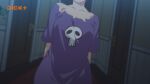  1girl arms_behind_back blurry blurry_background breasts copyright_request door facing_viewer freckles head_out_of_frame highres indoors jcm2 medium_breasts purple_shirt shirt short_sleeves skull_print solo upper_body 